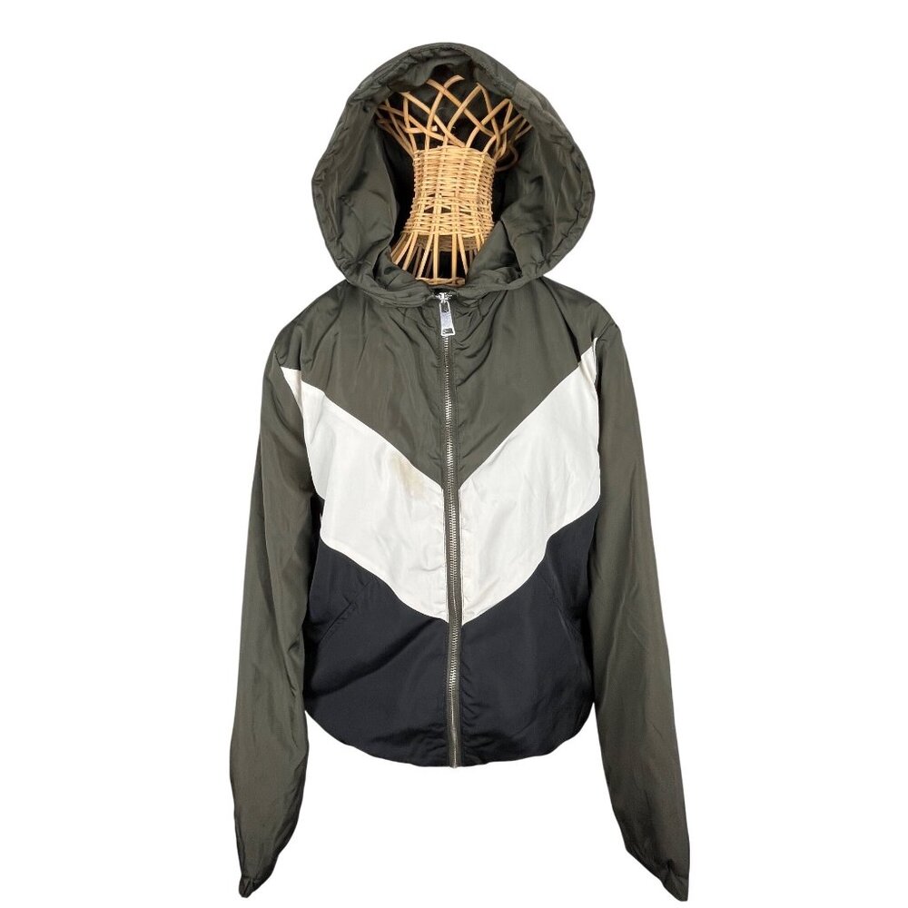 Colorblock Hooded Puffer Jacket Green Black Cream Zip Size L Y2K